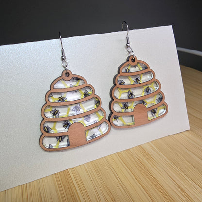 Wood Bee Hive [Bee Acrylic Inlay] Earrings