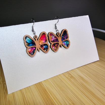 Wood Butterfly [Stain Glass Acrylic Inlay] Earrings