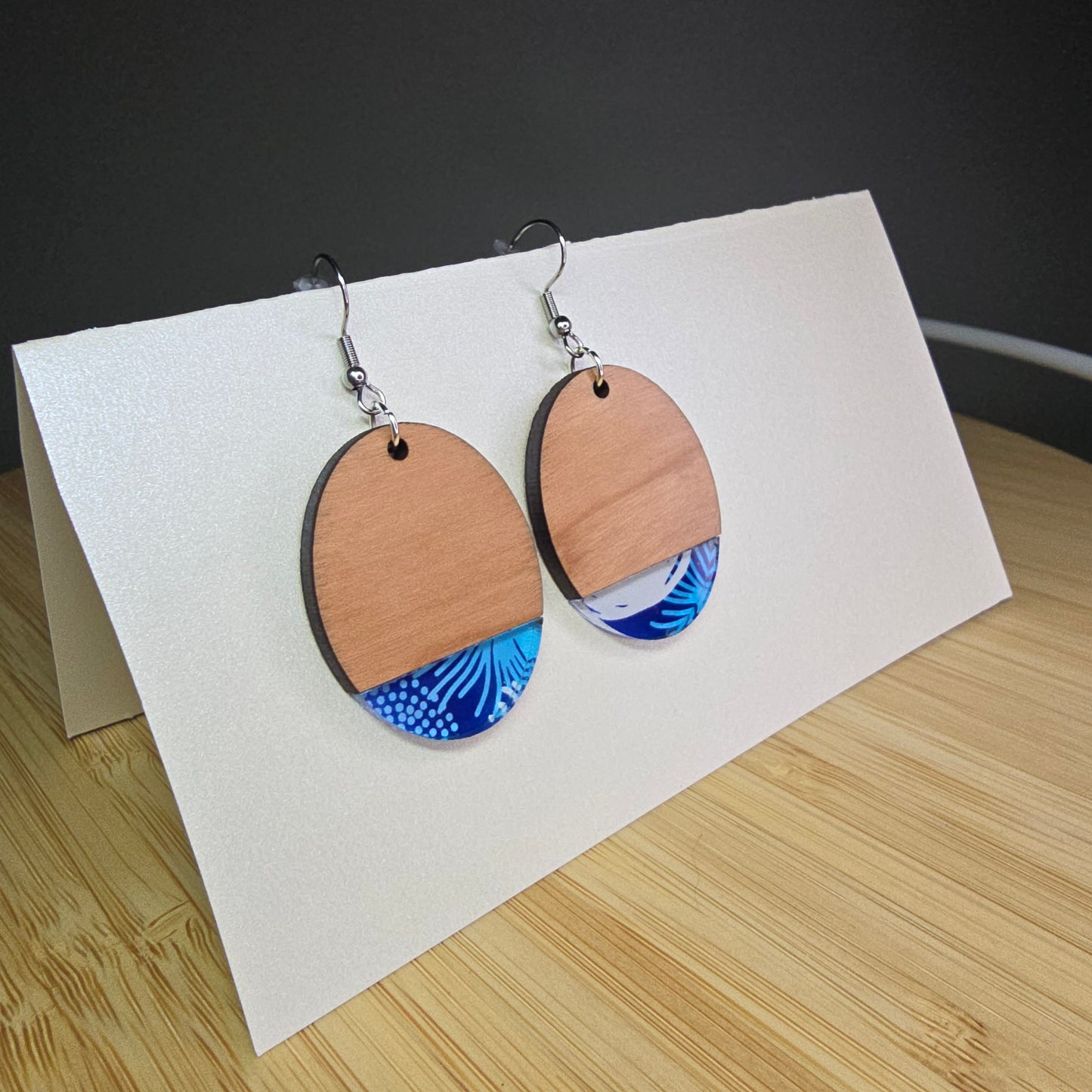 Half Wood Oval [Blue Swirl Acrylic Inlay] Earrings