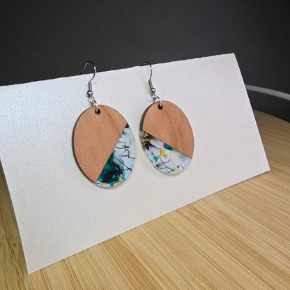 Half Wood Oval [Teal Floral Swirl Acrylic Inlay] Earrings