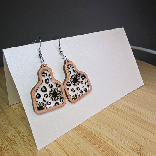 Wood Cow Tag [Cheetah Sunflower Acrylic Inlay] Earrings