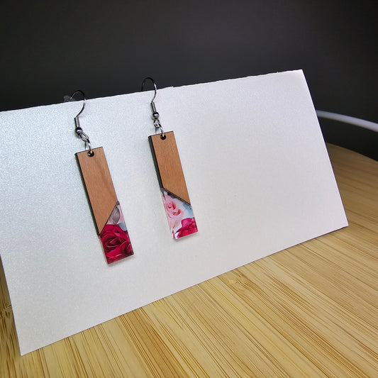 Half Wood Rectangle [Rose Acrylic Inlay] Earrings