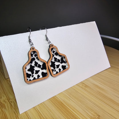 Wood Cow Tag [Cow Print Acrylic Inlay] Earrings