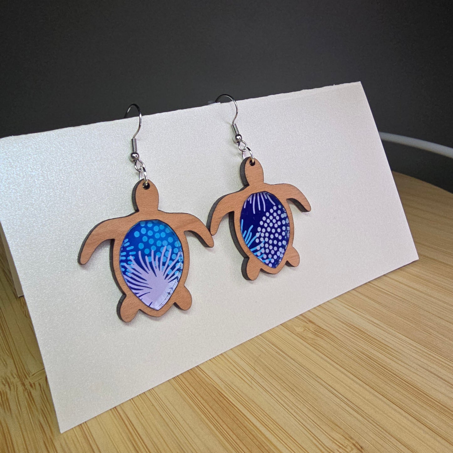 Wood Sea Turtle [Blue Swirl Acrylic Inlay] Earrings