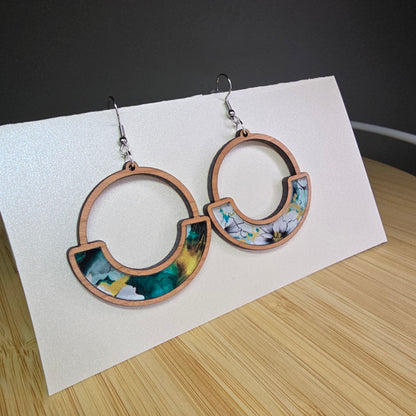 Wood Half Round Boho [Teal Floral Swirl Acrylic Inlay] Earrings