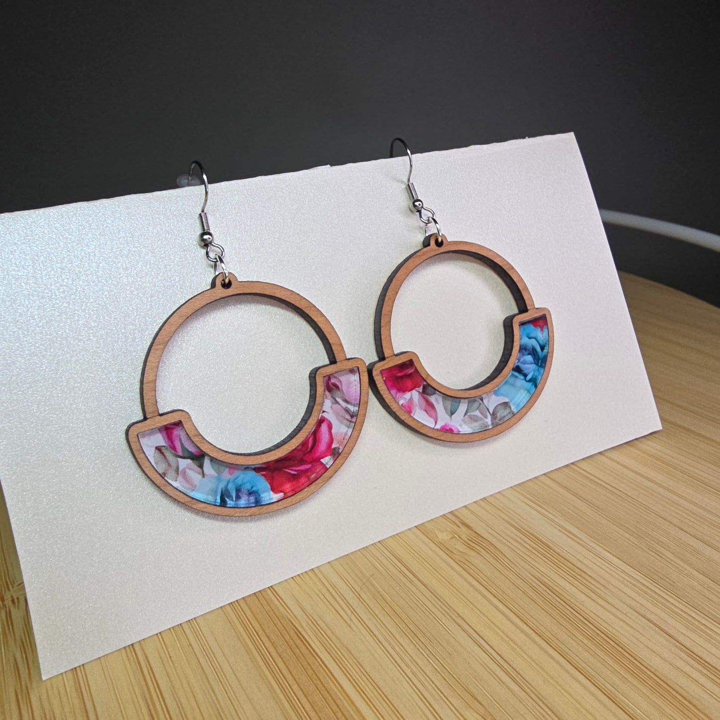 Wood Half Round Boho [Rose Swirl Acrylic Inlay] Earrings