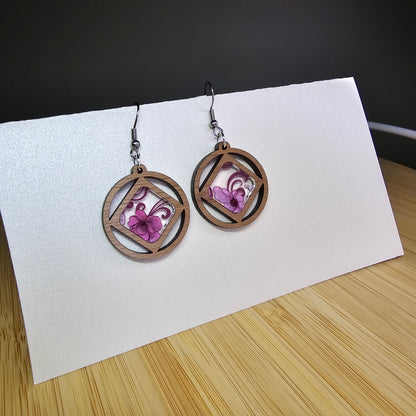 Wood Window [Purple Floral Swirl Acrylic Inlay] Earrings