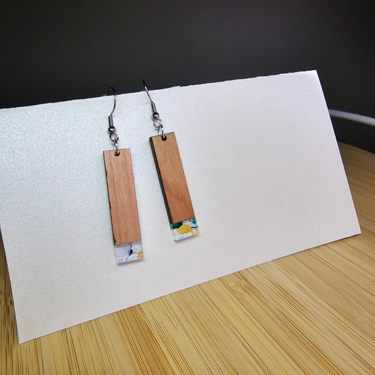 Half Wood Rectangle [Teal Floral Swirl Acrylic Inlay] Earrings