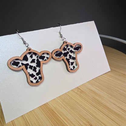 Wood Cow Head [Cow Print Acrylic Inlay] Earrings