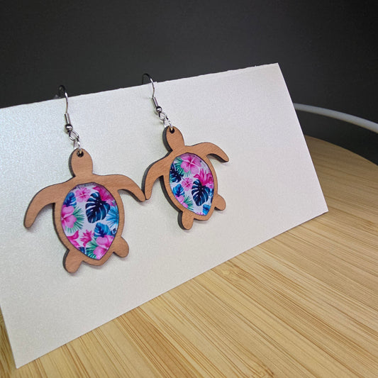 Wood Sea Turtle [Tropical Acrylic Inlay] Earrings