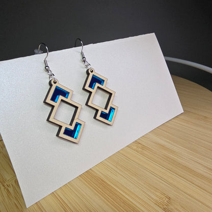 Wood Tiered Window [Teal Mirror Acrylic Inlay] Earrings