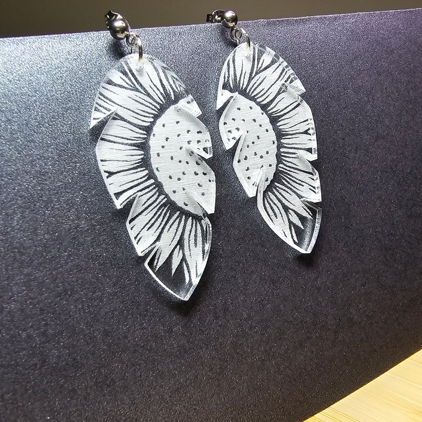 Sunflower Feather - Clear Frosted Acrylic Earrings