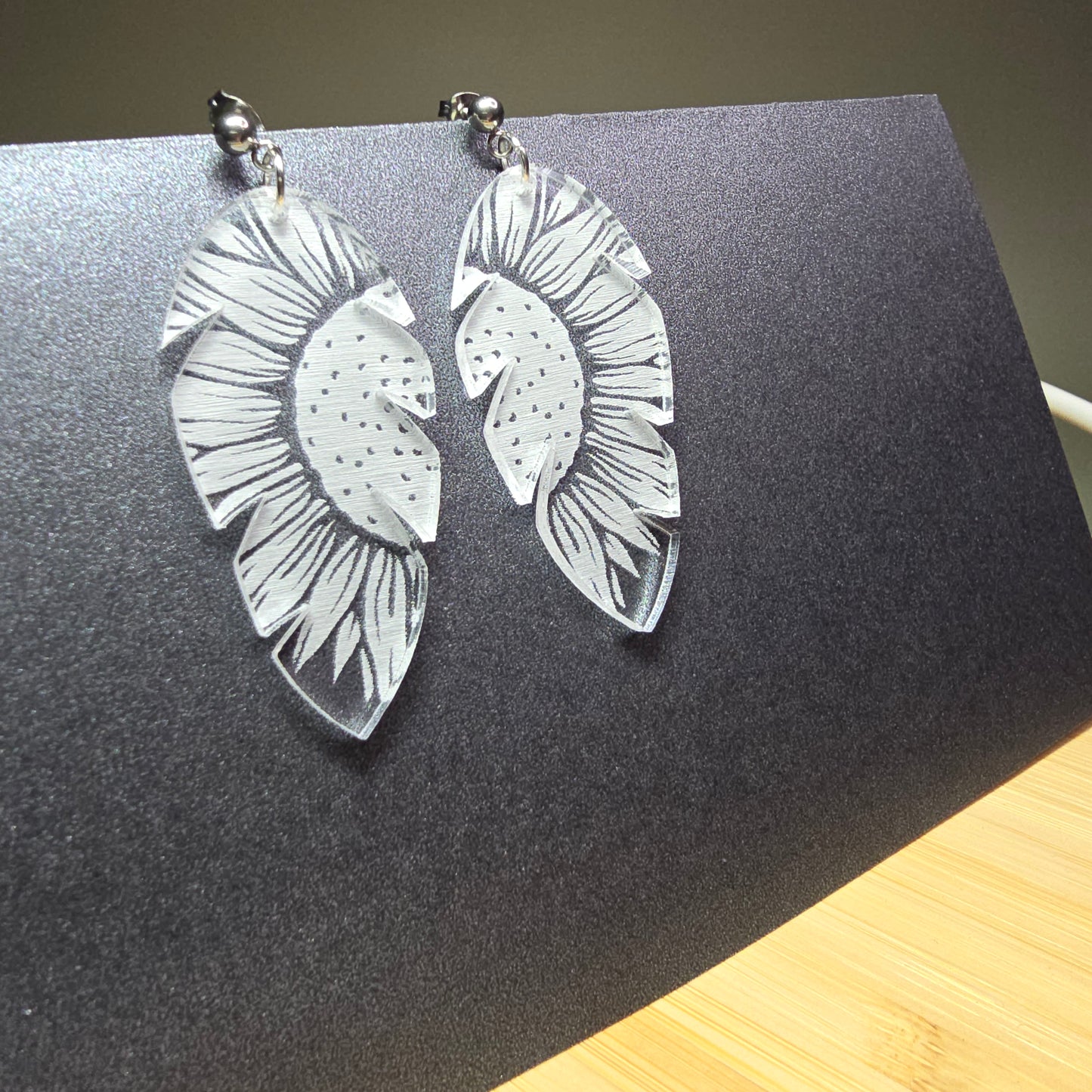 Sunflower Feather - Clear Frosted Acrylic Earrings