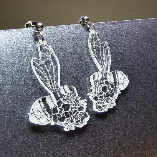 Floral Bee - Clear Frosted Acrylic Earrings