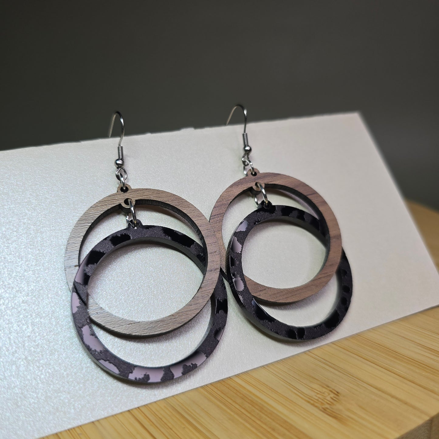 Impossible Hoops - Walnut Wood & Black Cheetah Mirror Acrylic Earrings