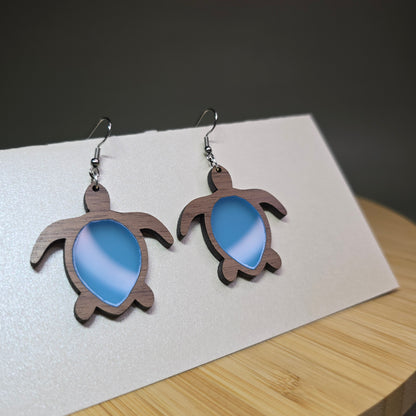 Wood Sea Turtle [Frosted Blue Acrylic Inlay] Earrings