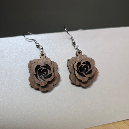 Layered Rose - Walnut Wood Earrings