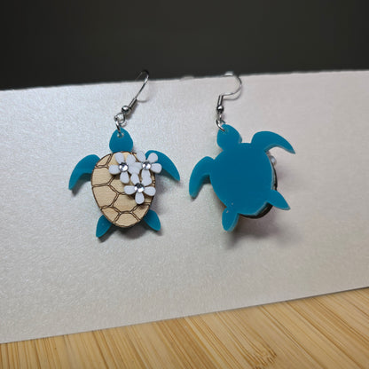 Sea Turtle w/Flowers [Light Teal Acrylic, Maple Wood, White Acrylic Flowers] Acrylic Earrings