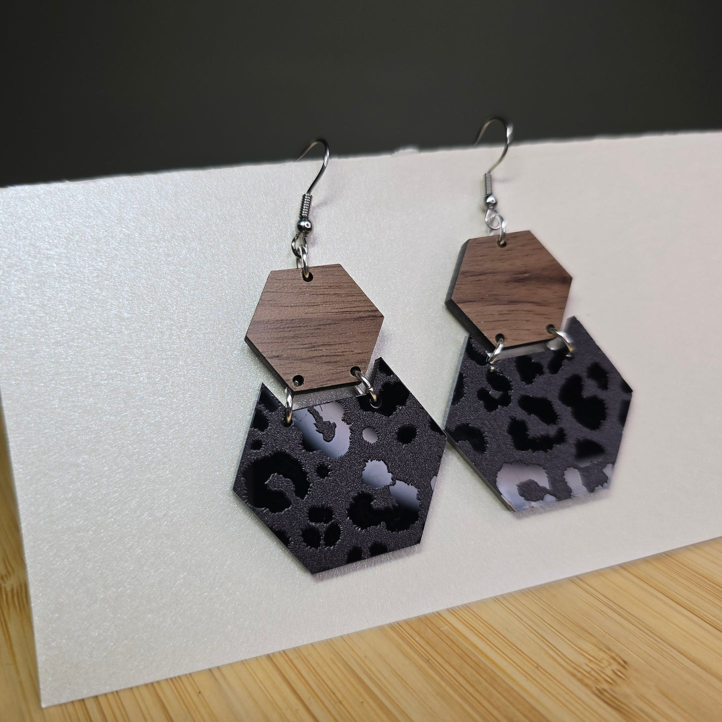 Hexagon [Half Walnut Wood / Black Cheetah Mirror Acrylic] Earrings