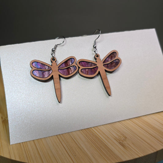 Wood Dragonfly [Tann Pearl Acrylic Inlay] Earrings