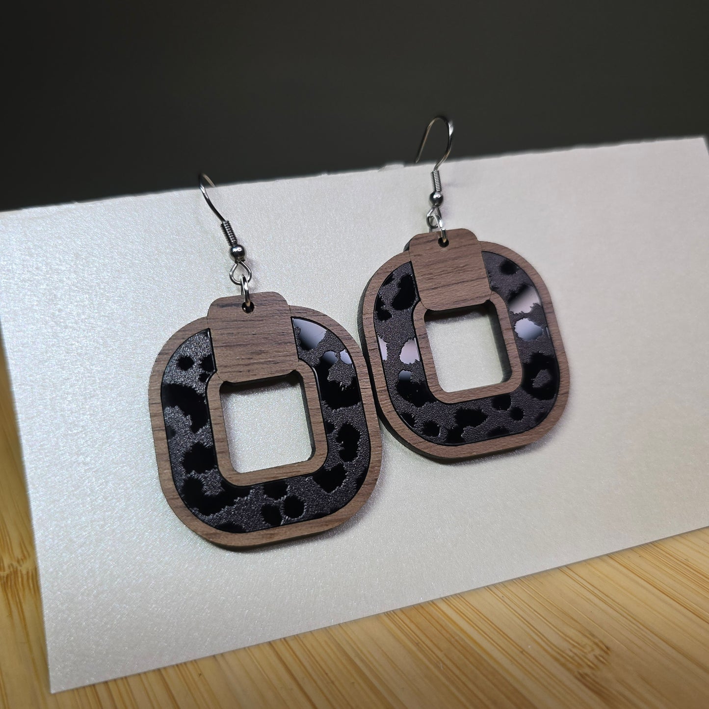 Wood Boho Ring [Black Cheetah Mirror Acrylic Inlay] Earrings