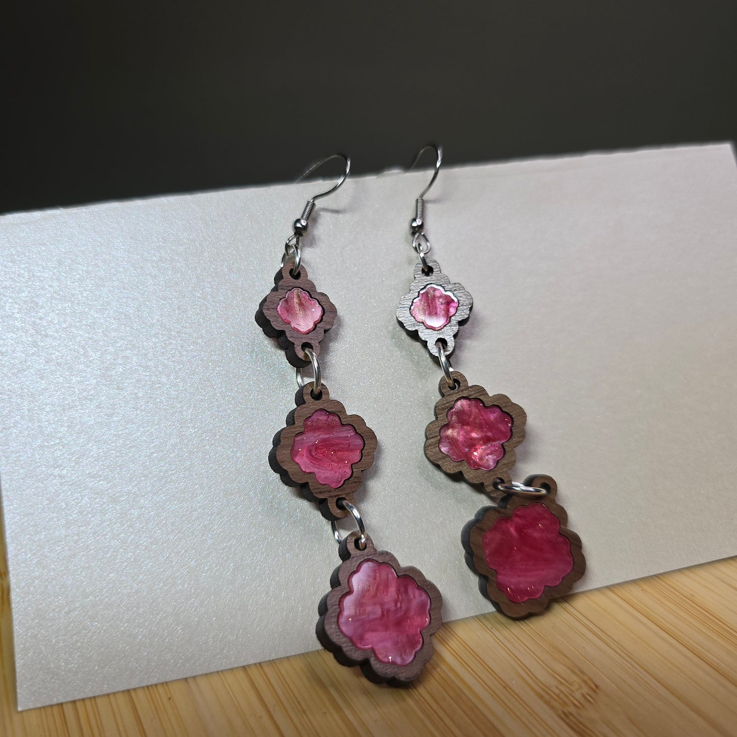 Wood 3 Tiered [Pink Pearl Acrylic Inlay] Earrings