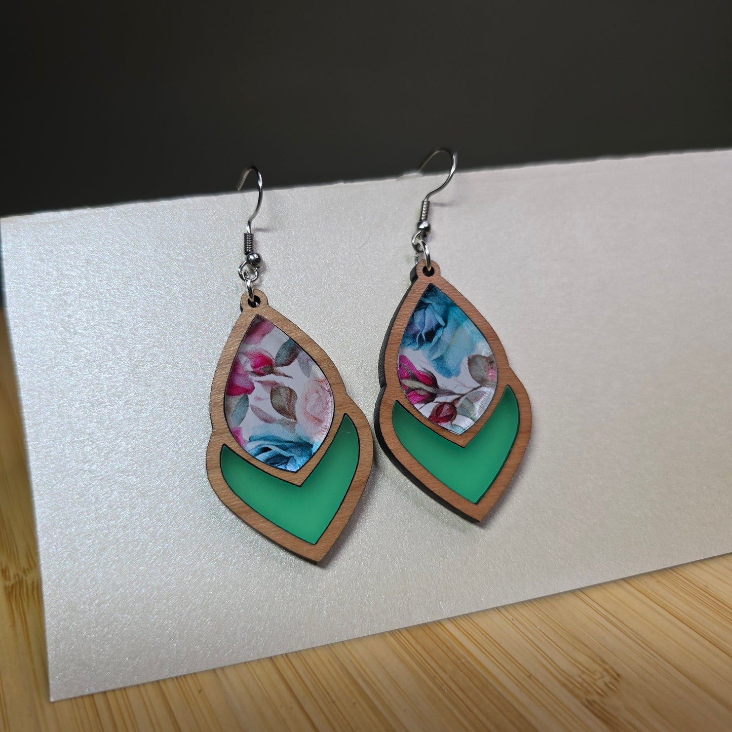 Wood 2 Tiered Tulip Drop [Green Frosted Acrylic, Rose Acrylic Inlay] Earrings