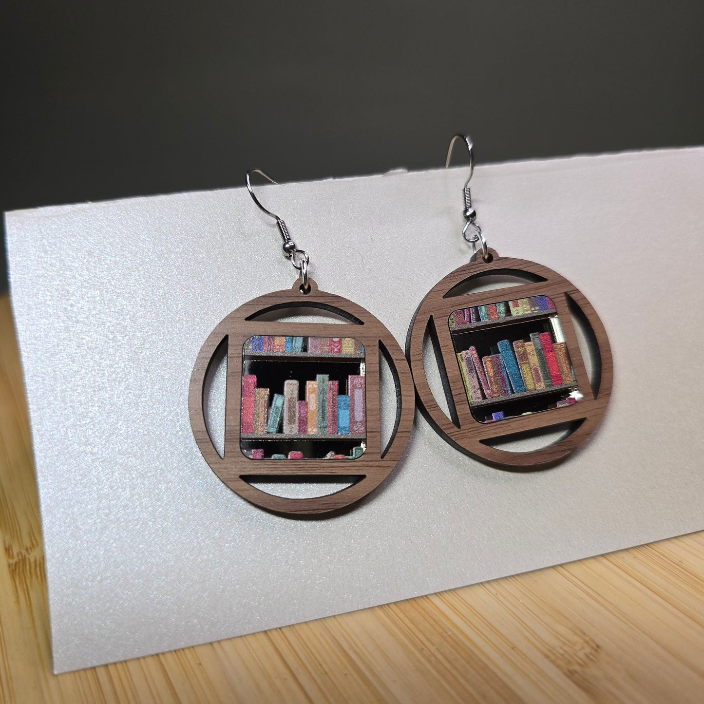 Wood Window w/Bookcase[Gun Metal Mirror Acrylic Book Inlay] Earrings