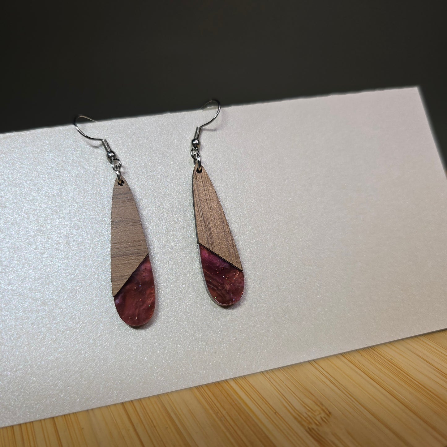 Half Wood Tear Drop [Tann Acrylic Inlay] Earrings