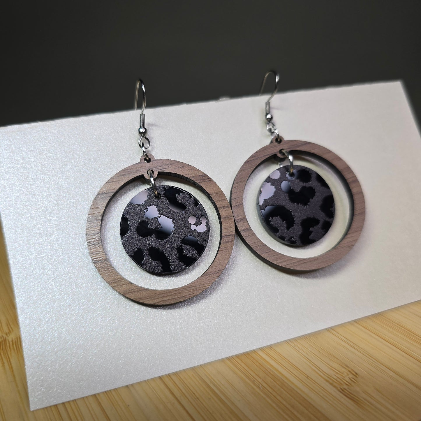 Circle [Half Walnut Wood / Black Cheetah Mirror Acrylic] Earrings