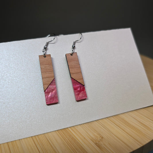 Half Wood Rectangle Ruby Pearl Acrylic Inlay] Earrings