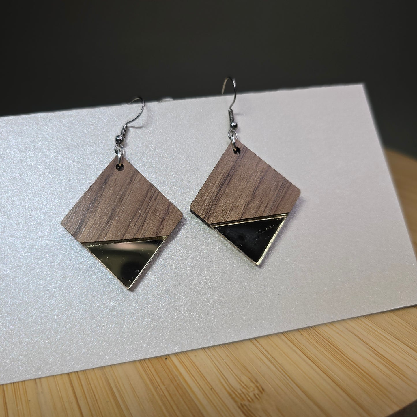 Half Wood Diamond [Gold Mirror Acrylic Inlay] Earrings