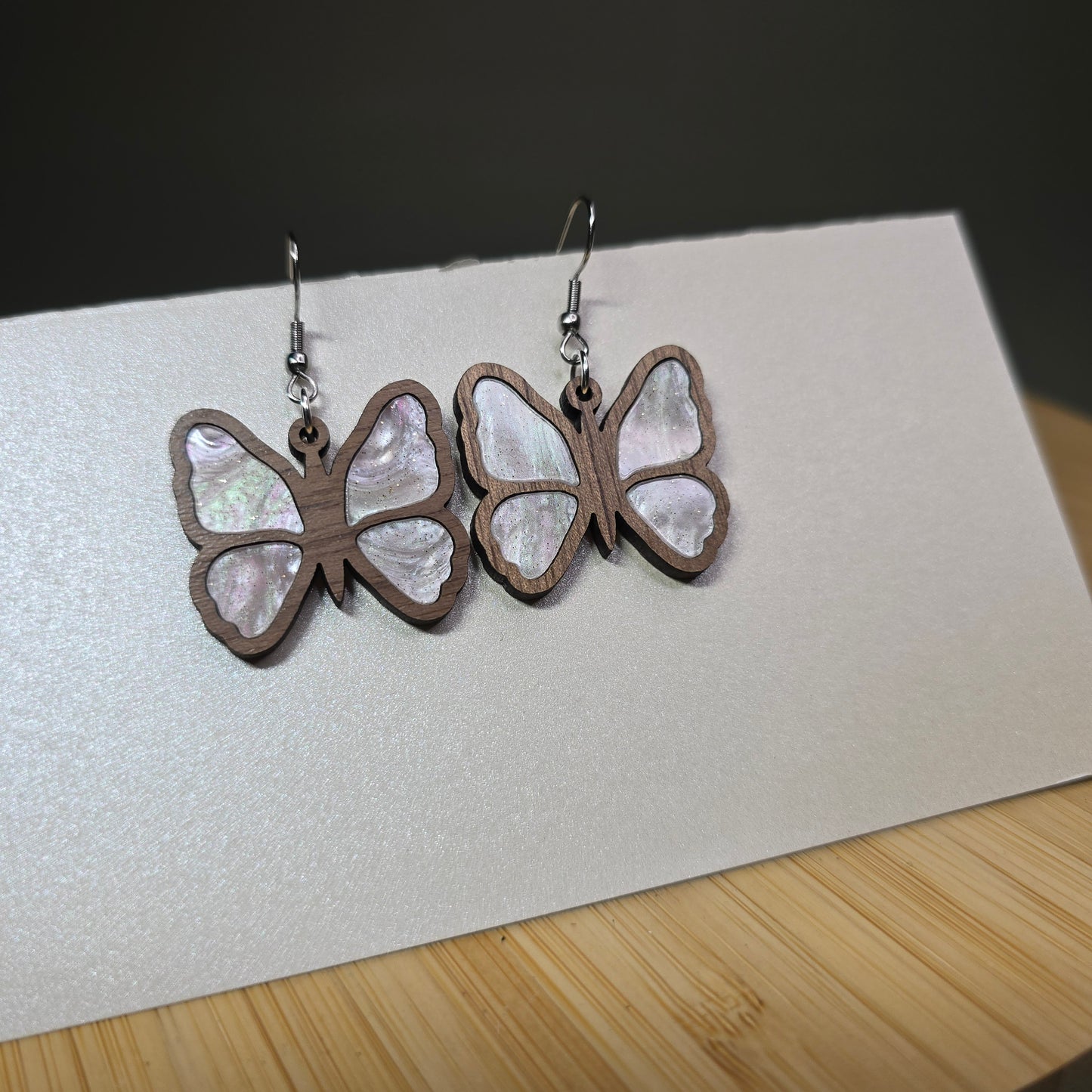 Wood Butterfly [Light Pink Pearl Acrylic Inlay] Earrings