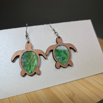 Wood Sea Turtle [Green Pearl Acrylic Inlay] Earrings