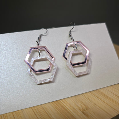 Impossible Hexagon Hoops - Light Pink Pearl Acrylic & Pink Mirror Acrylic Earrings