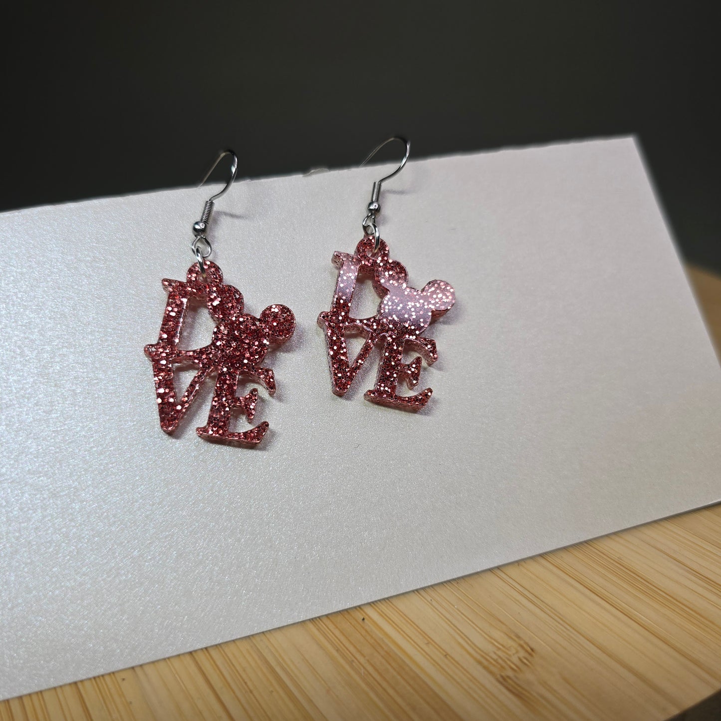 MM Love Pink Glitter Acrylic Earrings