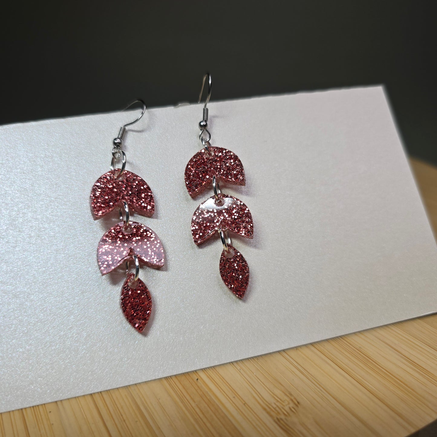 3 Tiered Leaf - Pink Glitter Acrylic Earrings