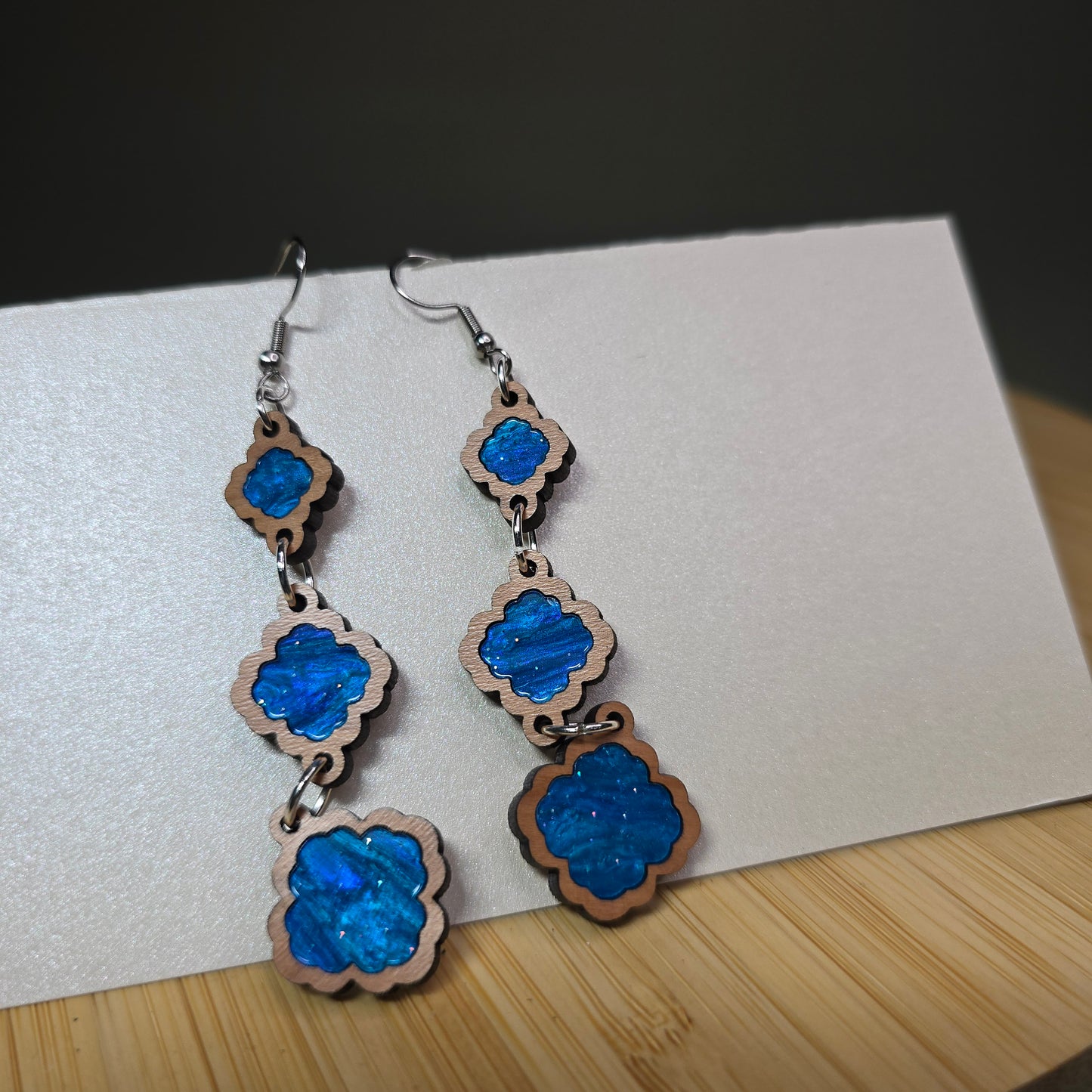 Wood 3 Tiered [Blue Pearl Acrylic Inlay] Earrings