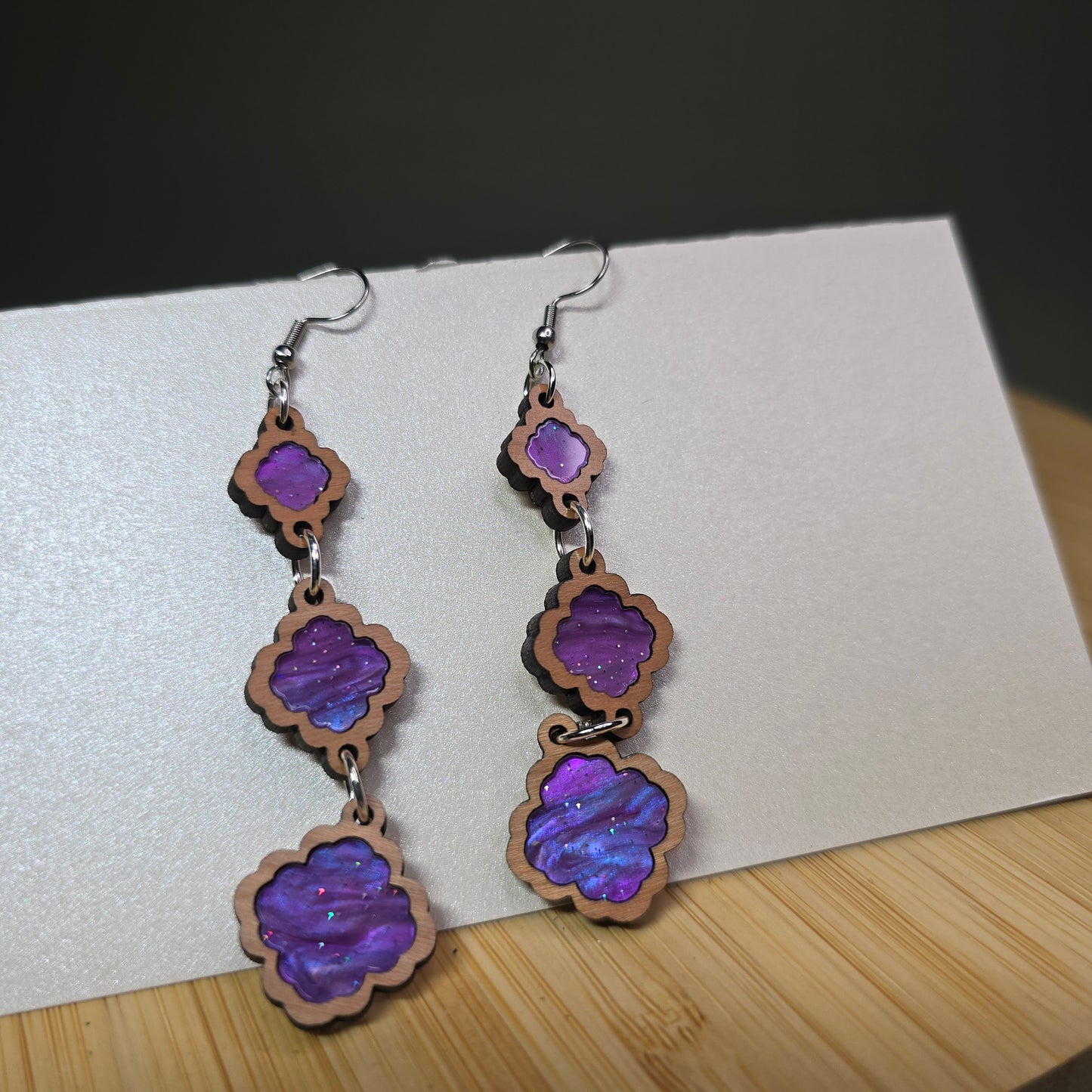 Wood 3 Tiered [Purple Pearl Acrylic Inlay] Earrings