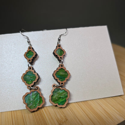 Wood 3 Tiered [Green Pearl Acrylic Inlay] Earrings