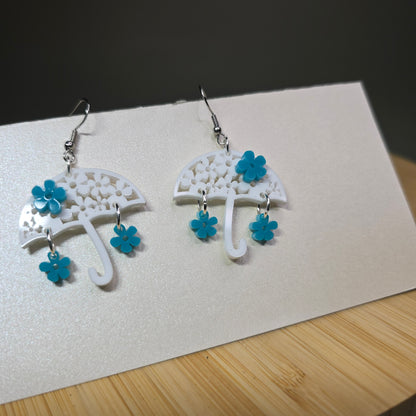 Umbrella w/Flowers [White Acrylic, Light Acrylic Flowers] Acrylic Earrings