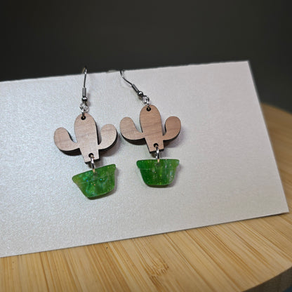 Cactus [Green Pearl Acrylic / Walnut Wood] Earrings