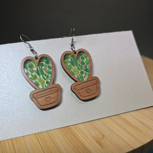 Wood Cactus Heart [Cactus Acrylic Inlay] Earrings