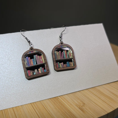 Wood Bookcase Arch Short [Gun Metal Mirror Acrylic Book Inlay] Earrings