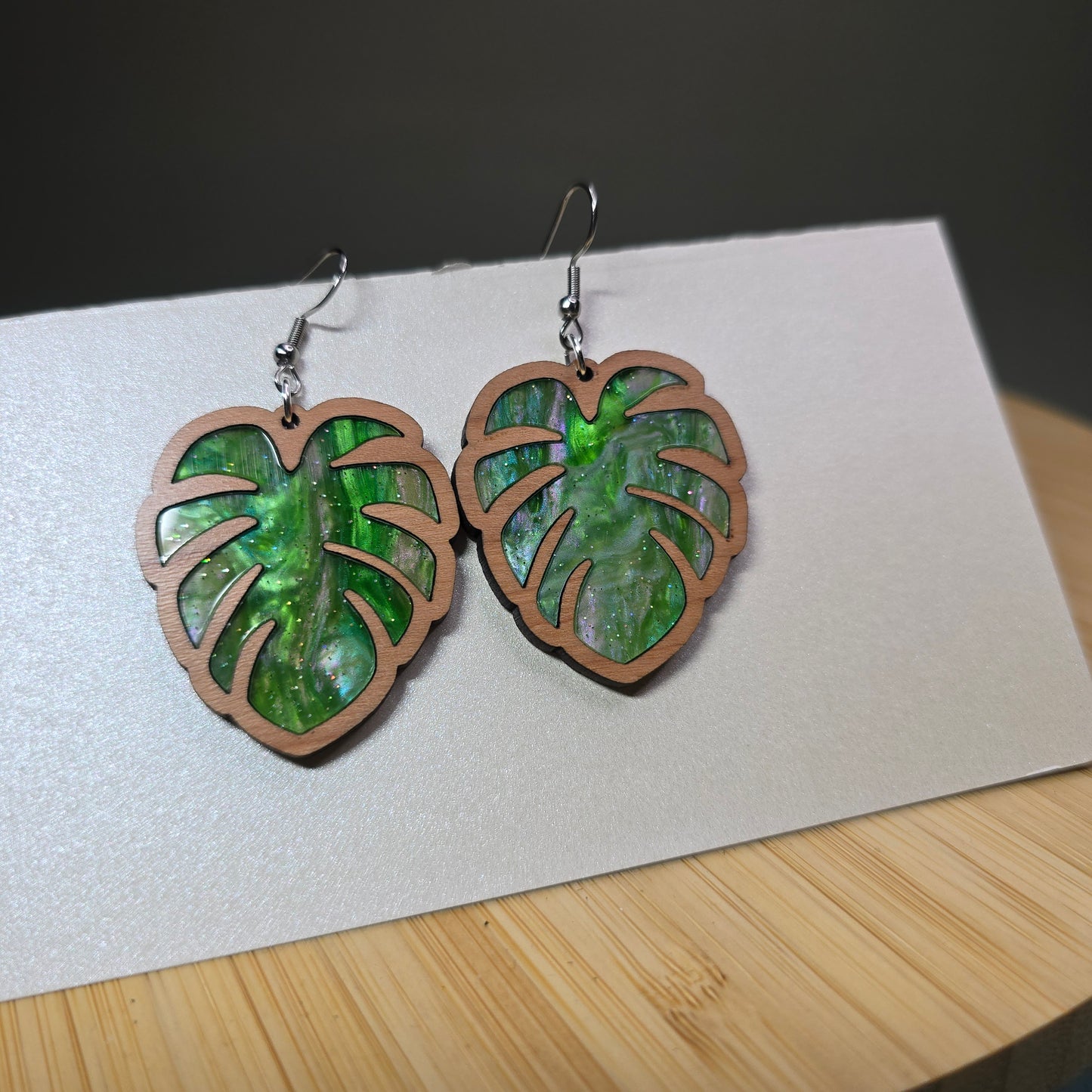 Wood Monstera Flower [Green Pearl Acrylic Inlay] Earrings