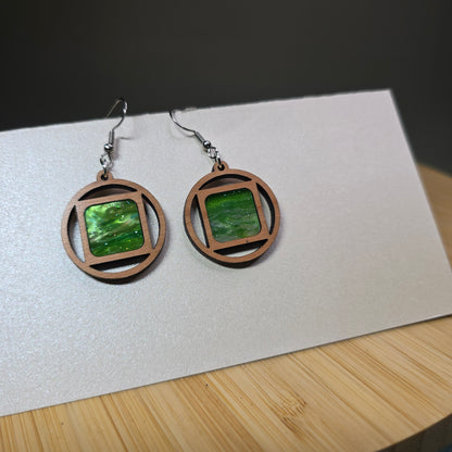 Wood Mirror [Green Pearl Acrylic Acrylic Inlay] Earrings