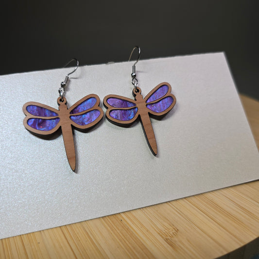 Wood Dragonfly [Purple Pearl Acrylic Inlay] Earrings