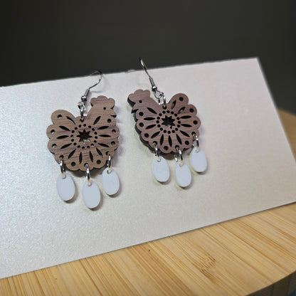 Chicken w/Eggs [Walnut Wood Chicken, White Acrylic Eggs] Acrylic Earrings