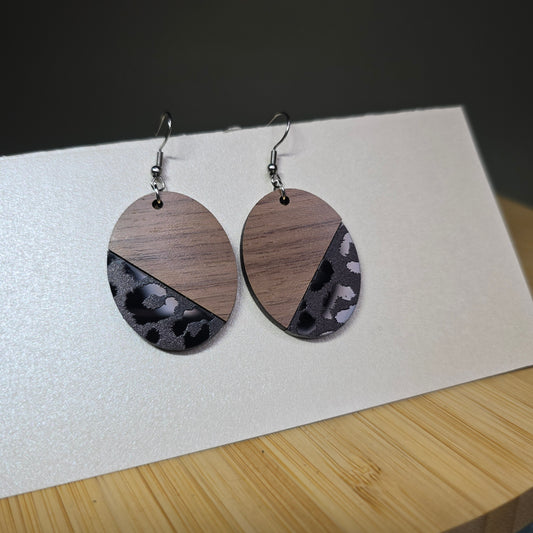 Half Wood Oval [Black Cheetah Mirror Acrylic Inlay] Earrings