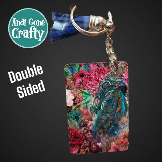 Double Sided Key Chain -1.5 x 2 in Rectangle - Style Peacock